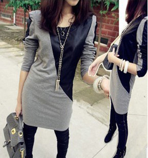 2012 autumn gentlewomen handsome leather patchwork long sleeve length t-shirt basic one-piece dress 417