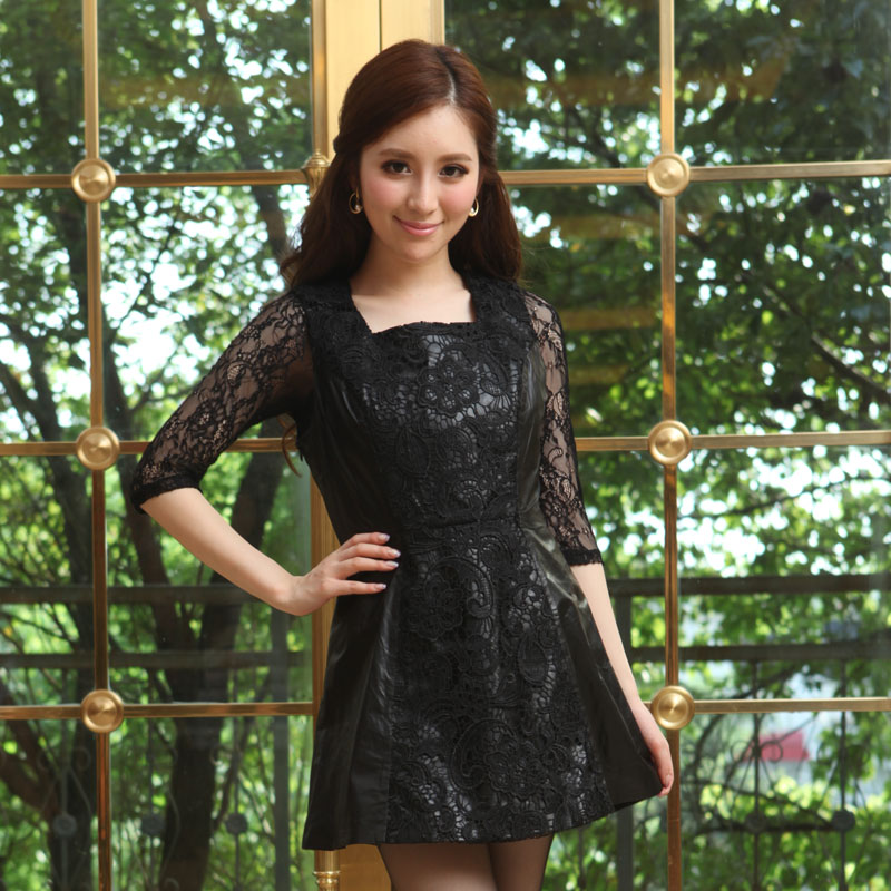 2012 autumn genuine leather sheepskin women's slim sleeveless one-piece dress lace cutout