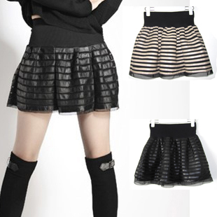 2012 autumn high waist stripe PU short skirt elastic waist leather skirt slim waist bust skirt