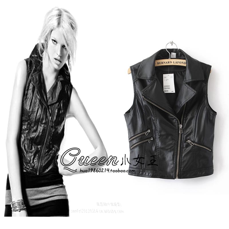 2012 autumn hm oblique zipper turn-down collar faux leather sleeveless motorcycle jacket leather clothing vest