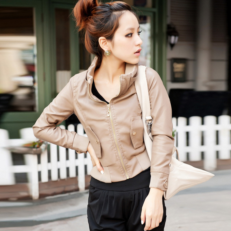 2012 autumn khaki stand collar water wash PU small leather clothing women's slim short design outerwear