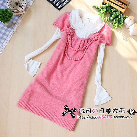 2012 autumn knit co sweet little short-sleeve flower beads bow dress long design sweater