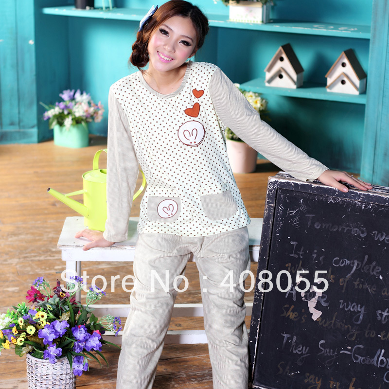 2012 autumn knitted cotton long-sleeve women's sleepwear polka dot set lounge princess Free shipping