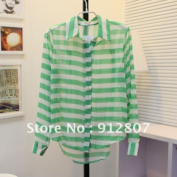 2012 autumn Korean new OL horizontal stripe chiffon translucent women shirts & blouses women blouse / chiffon shirt