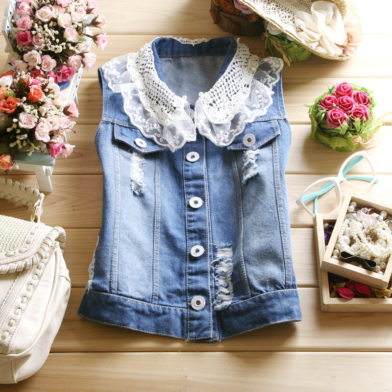 2012 autumn lace decoration vest top vintage beading distrressed sleeveless denim outerwear