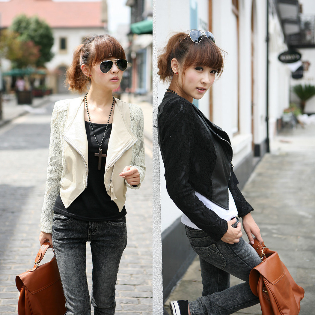 2012 autumn lace leather coat slim outerwear female 3-10