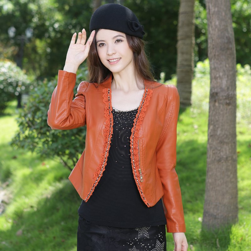 2012 autumn leather clothing outerwear female V-neck leather clothing female short design slim short design PU leather jacket