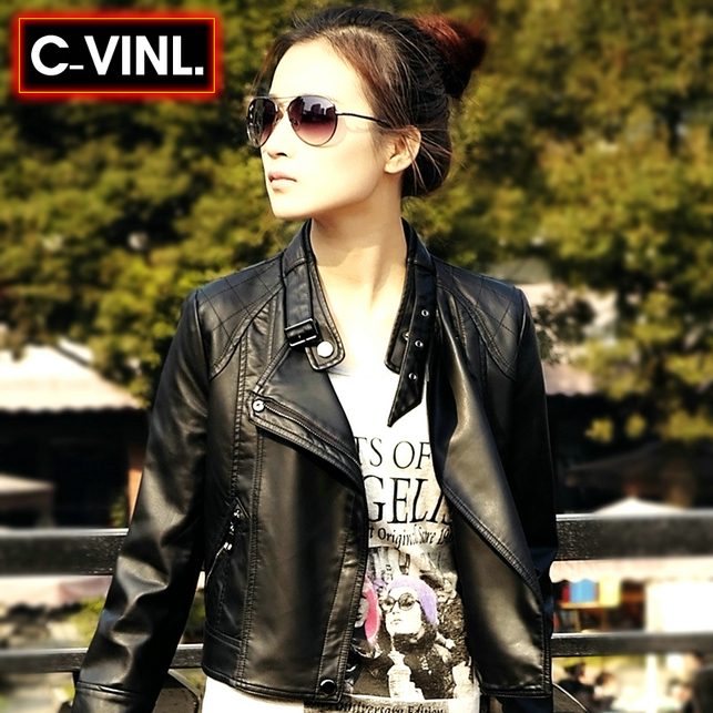 2012 autumn leather clothing outerwear short design female leather clothing plus size stand collar black motorcycle jacket