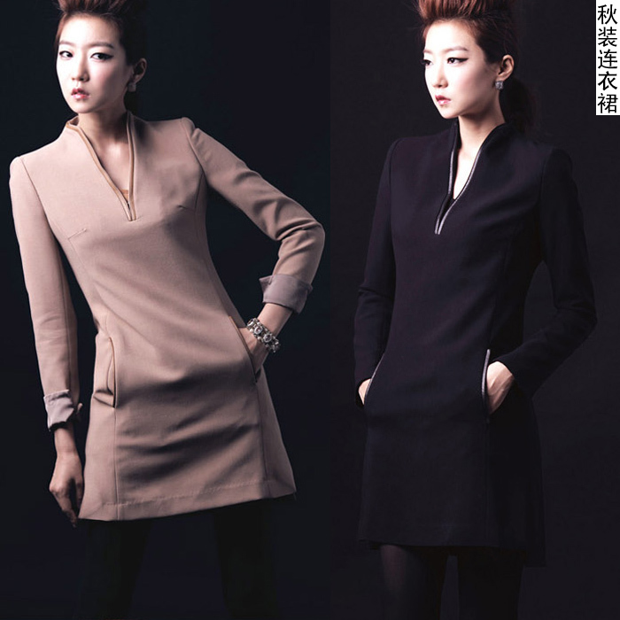 2012 autumn leather V-neck long-sleeve slim all-match basic ol one-piece dress princess dress skirt