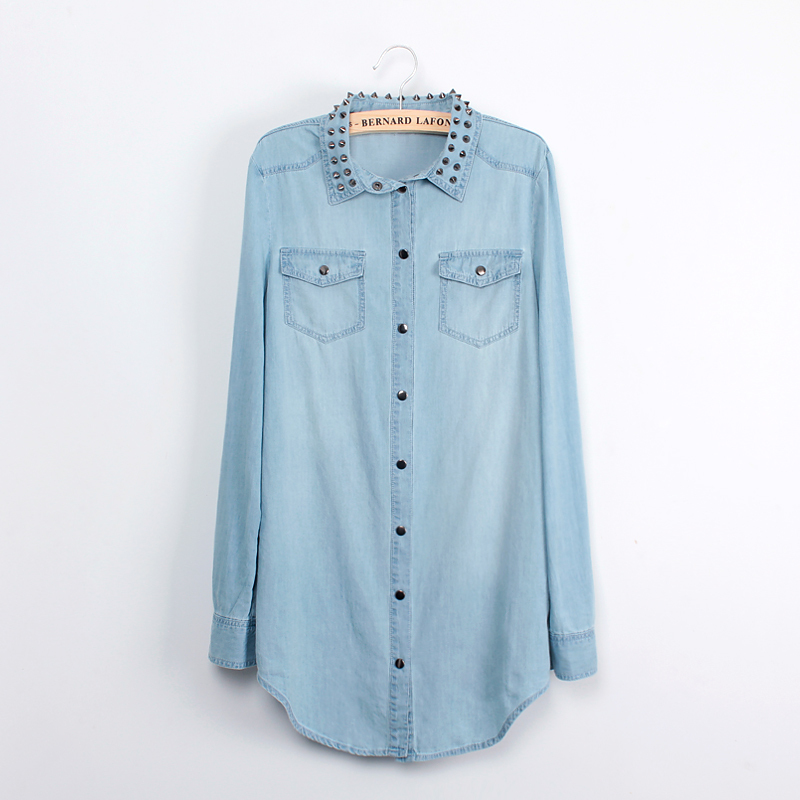 2012 autumn long-sleeve turn-down collar big pocket rivet slim denim coat shirt female