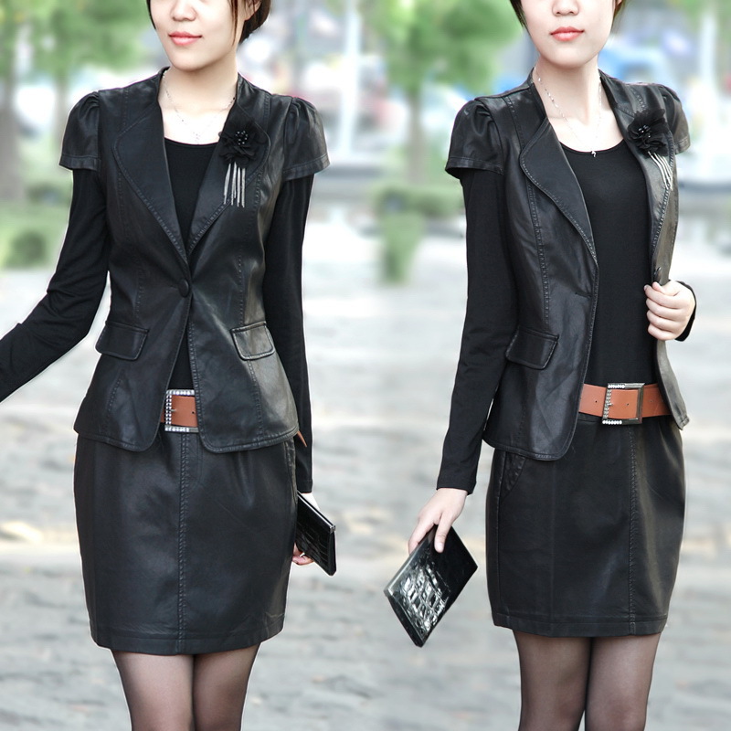 2012 autumn long-sleeve twinset PU water washed leather plus size slim basic patchwork one-piece dress