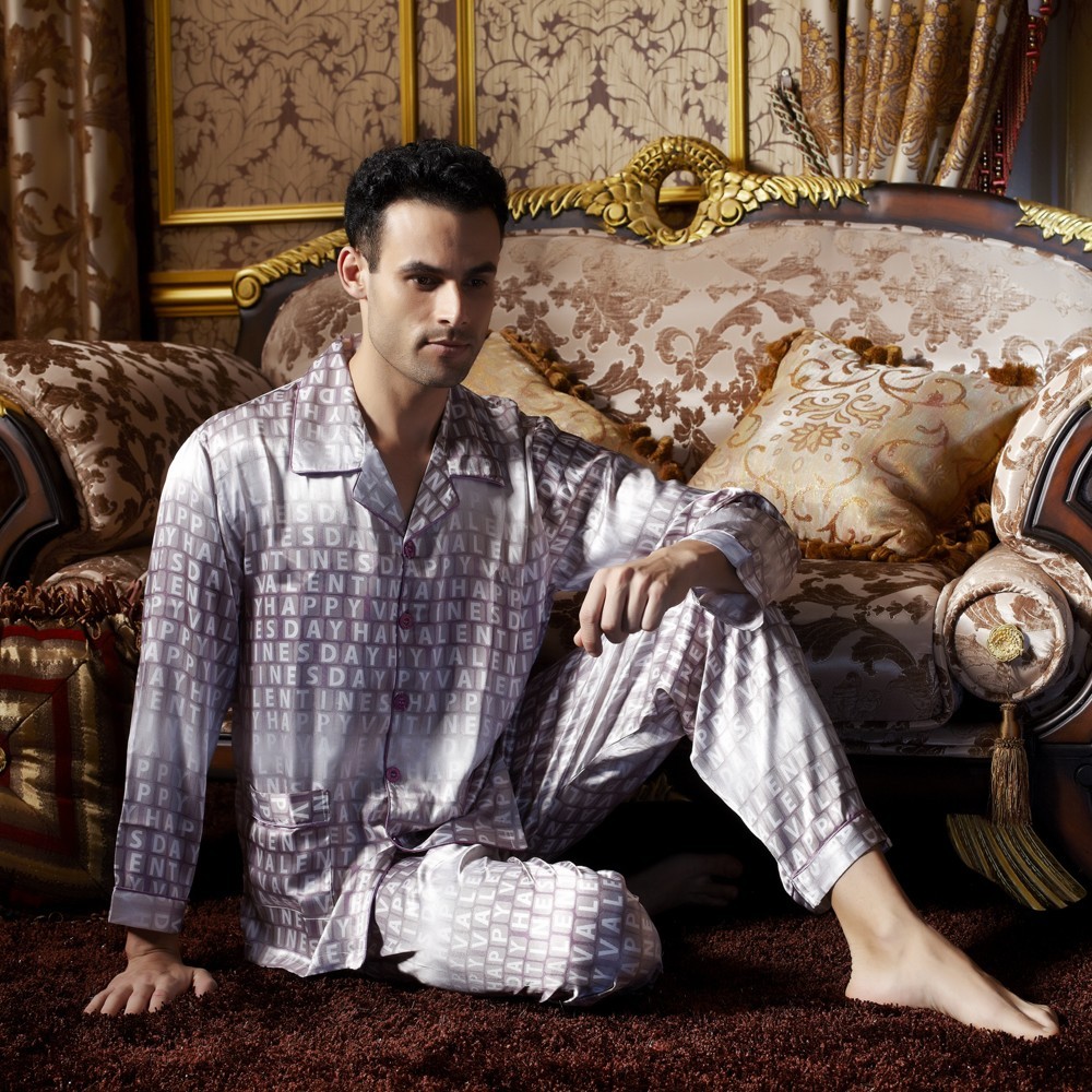 2012 autumn male sleepwear gradient letter faux silk sleepwear lounge set