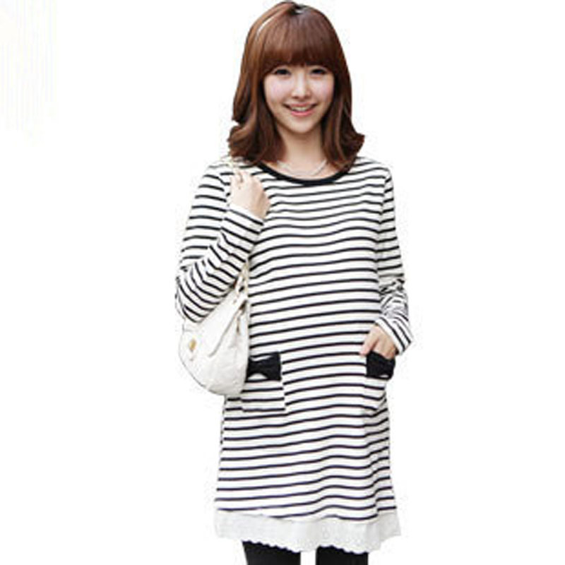 2012 autumn maternity clothing fashion maternity stripe o-neck long-sleeve laciness bow t-shirt