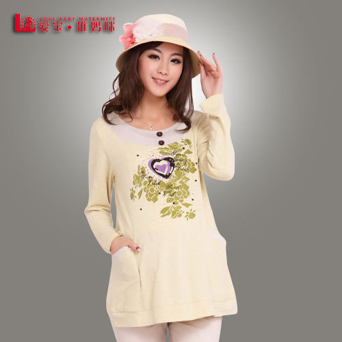 2012 autumn maternity clothing maternity clothes print staple 100% cotton long-sleeve T-shirt long design top