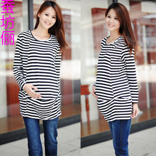 2012 autumn maternity clothing maternity top black and white stripe t-shirt basic medium-long long-sleeve shirt