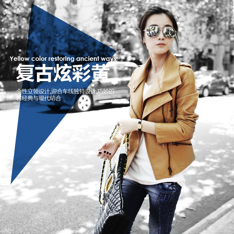 2012 autumn motorcycle slim turn-down collar fashion PU women's short jacket leather clothing female