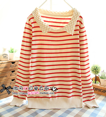 2012 autumn navy stripe pineapple peter pan collar long-sleeve sweater pullover sweater