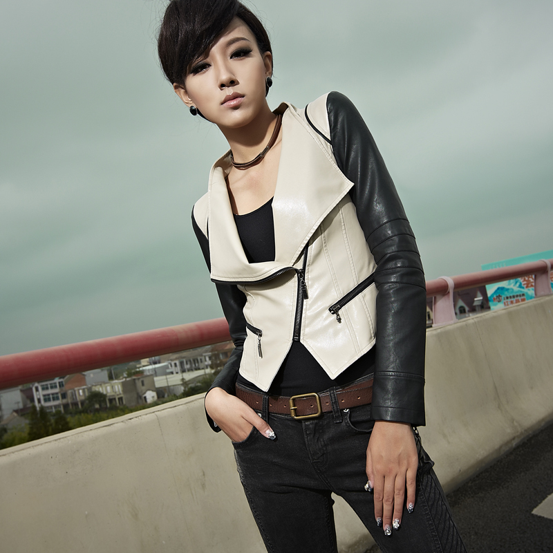 2012 autumn new arrival black and white match pair small leather clothing women's short design slim PU jacket outerwear 21g3702