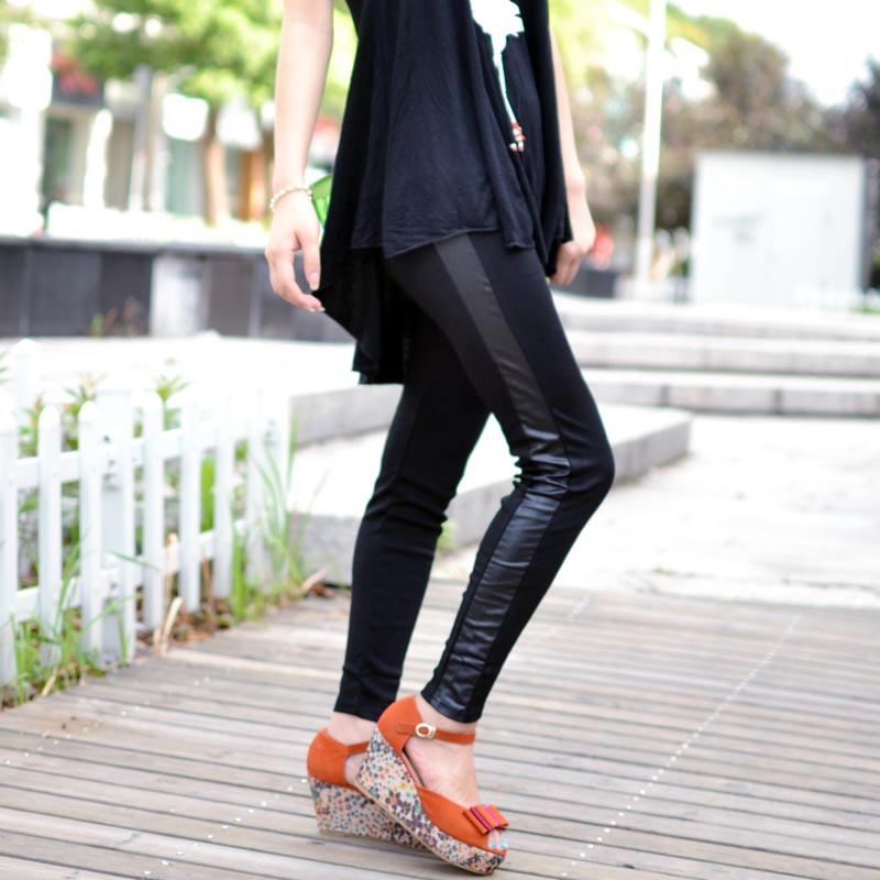 2012 autumn new arrival elastic backwa-rds and faux leather patchwork legging female free shipping