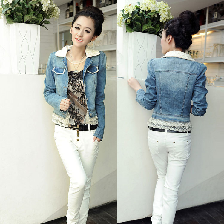 2012 autumn new arrival fashion denim top sweep lace patchwork Women denim short jacket