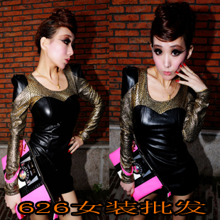 2012 autumn new arrival fashion faux leather slim hip sexy long-sleeve female basic winter one-piece dress