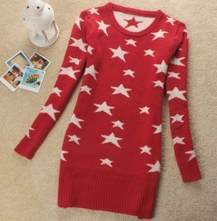 2012 autumn new arrival fashion five-pointed star pattern medium-long sweater o-neck pullover thickening slim female sweater