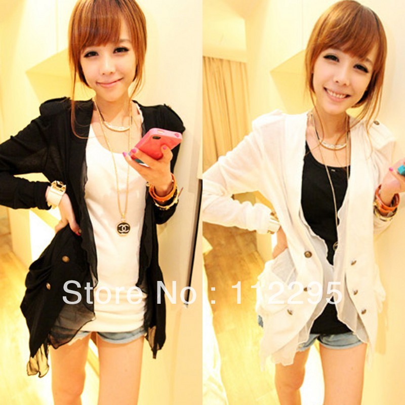 2012 autumn new arrival fashion long-sleeve sweater coats for woman white/black small cardigan medium-long ruffle outerwear