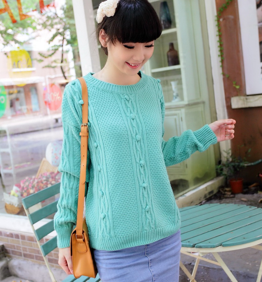 2012 autumn new arrival fashion plus size loose low o-neck pullover puff sleeve sweater solid color all-match green sweater