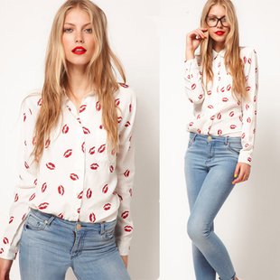 2012 autumn new arrival fashion vintage red lips print chiffon shirt long-sleeve blouse Women tops free shipping