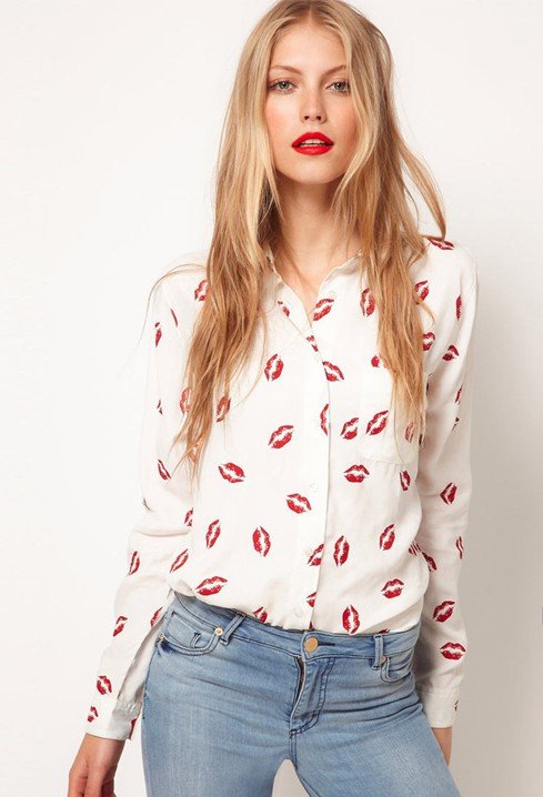 2012 Autumn New  Arrival fashion woman Chiffon blouses Red Lips Printed Long sleeves shirts free shipping