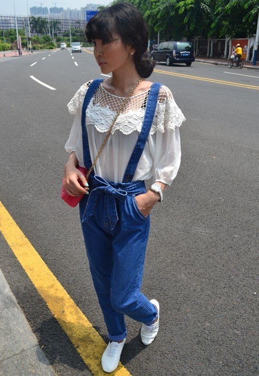 2012 autumn new arrival high waist denim trousers pants harem pants denim bib pants Women