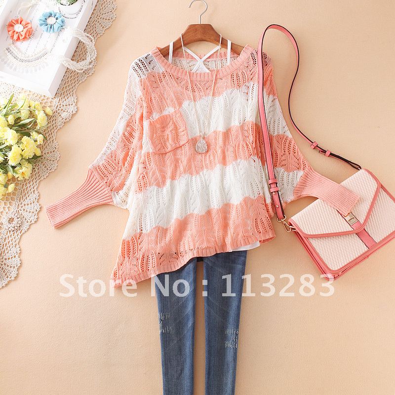 2012 autumn new arrival loose o-neck pullover sweater cutout stripe irregular shirt female