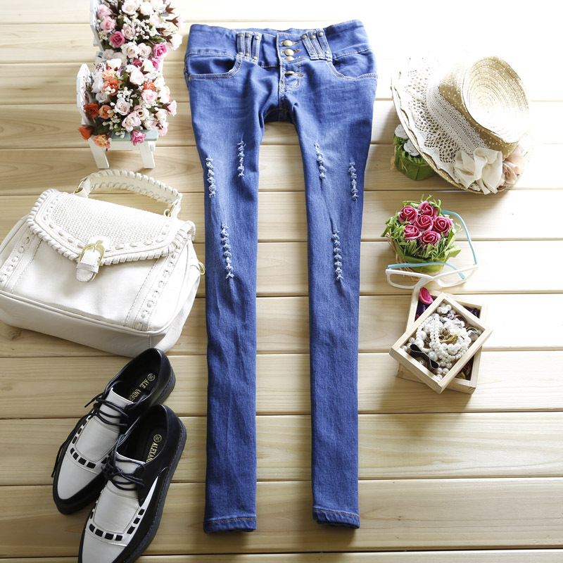 2012 autumn new arrival low-waist distrressed whisker water wash elastic jeans female pencil skinny pants