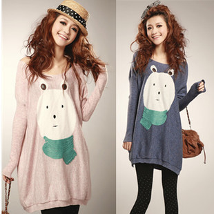 2012 autumn new arrival medium-long batwing sleeve knitted bear basic shirt plus size loose sweater