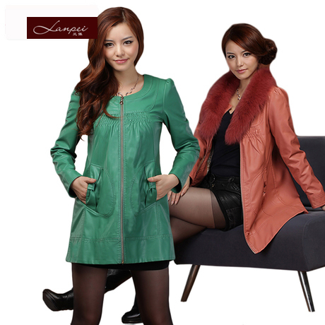 2012 autumn new arrival outerwear PU medium-long slim water wash o-neck plus size women's leather clothing 7