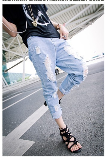 2012 autumn new arrival personalized fashion hole water wash wearing white denim trousers roll-up hem 9 pants