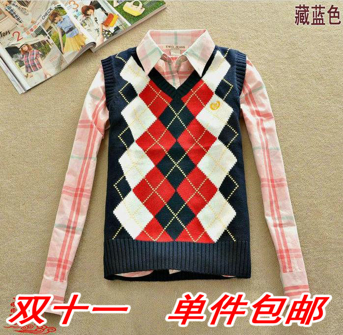 2012 autumn new arrival preppy style 100% cotton dimond plaid V-neck pullover knitted sweater vest waistcoat female