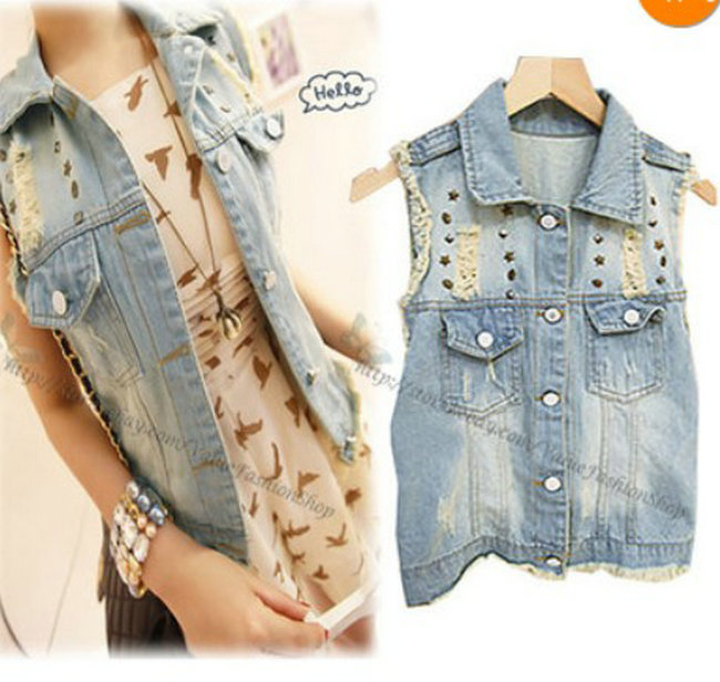 2012 autumn new arrival rivet decoration fashion punk style retro finishing distrressed denim vest denim coat