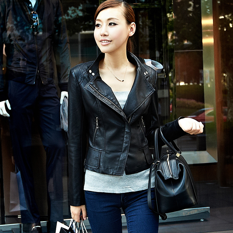 2012 autumn new arrival rivet popper small leather clothing women's short design slim PU jacket outerwear 21g3680