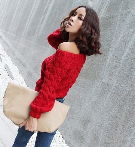 2012 autumn new arrival sexy slit neckline strapless twisted crochet pullover sweater