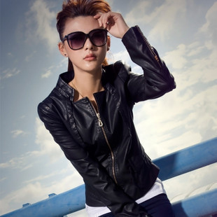 2012 autumn new arrival short design stand collar water washed leather PU female leather clothing outerwear 11g3553