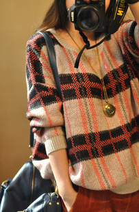 2012 autumn new arrival single soft loose vintage knitted basic shirt big check sweater outerwear