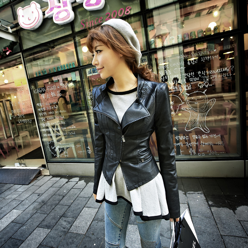 2012 autumn new arrival small casual small leather clothing women's short design slim PU jacket outerwear 21g3697