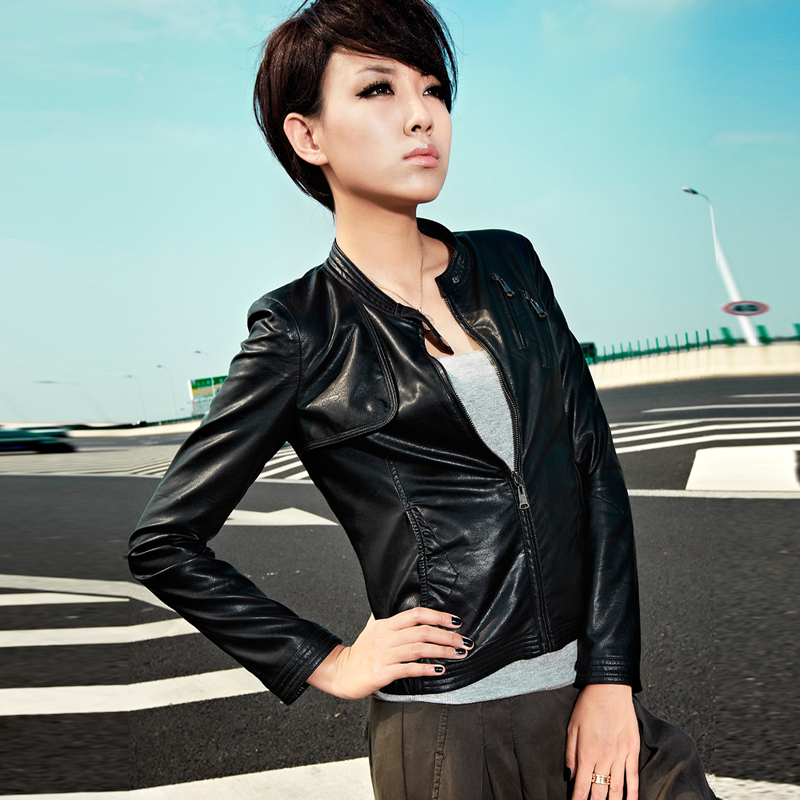 2012 autumn new arrival sports casual leather clothing women's short design slim PU jacket coat 21g3669