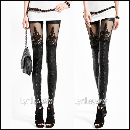 2012 autumn new arrival women's ankle length legging fashion gothic punk faux leather lace slim