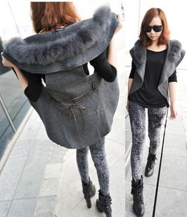 2012 autumn new arrival women's casual slim fur collar long design vest cape outerwear with belt