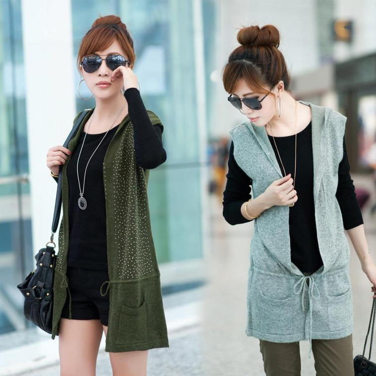 2012 autumn new arrival women's medium-long sweater with a hood beaded cardigan spring and autumn vest female