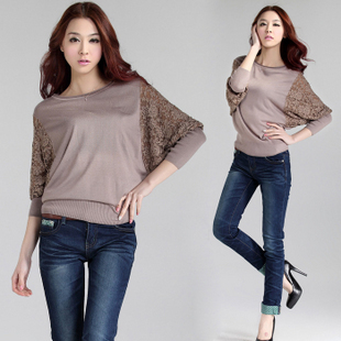 2012 autumn new arrival women's plus size batwing shirt loose basic shirt lace sweater