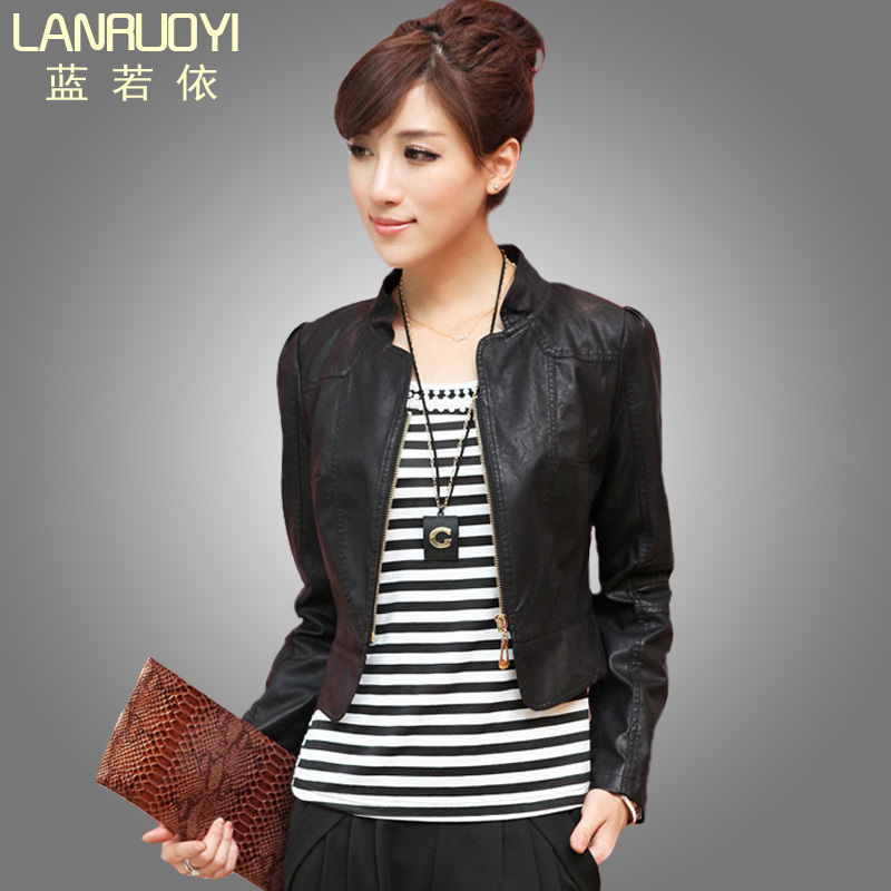 2012 autumn new arrival women's quality stand collar slim short design leather clothing outerwear water washed leather PU