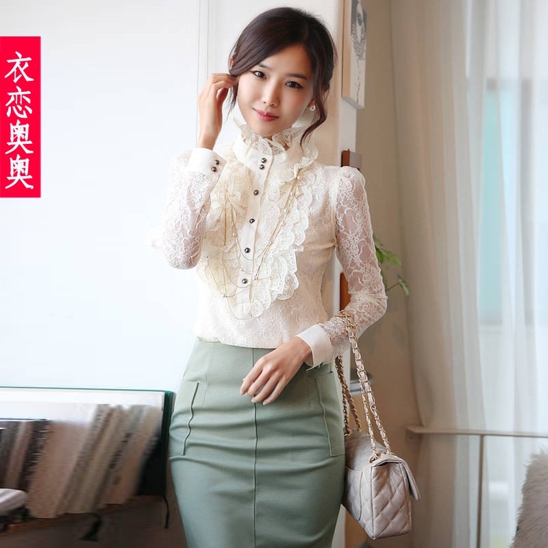 2012 autumn new arrival women's slim lace long-sleeve autumn shirt plus size stand collar shirt basic shirt